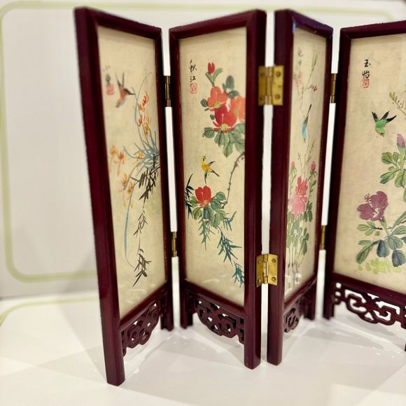 Chinese 4 Panel Screen Hand Painted Silk Lacquer Rose Wood - Signed, VTG, RARE - Picture 5 of 11